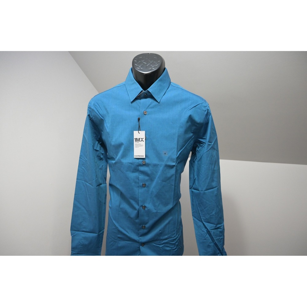Express 1MX Button Up Dress Shirt Men Medium Teal Blue Fitted Long Sleeve NWT